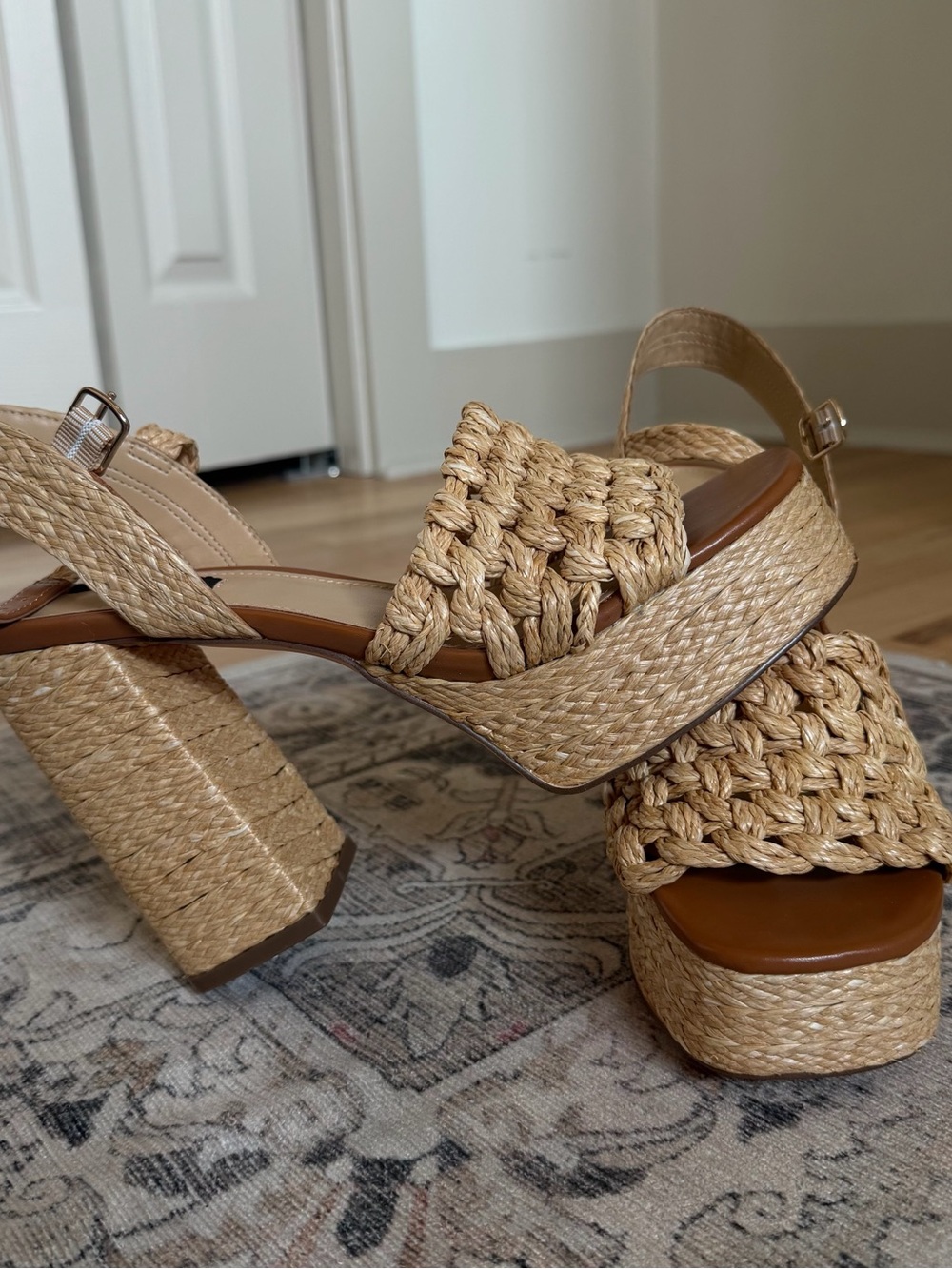 Nine West Braided Platform Sandals in Natural Raffia - Women's